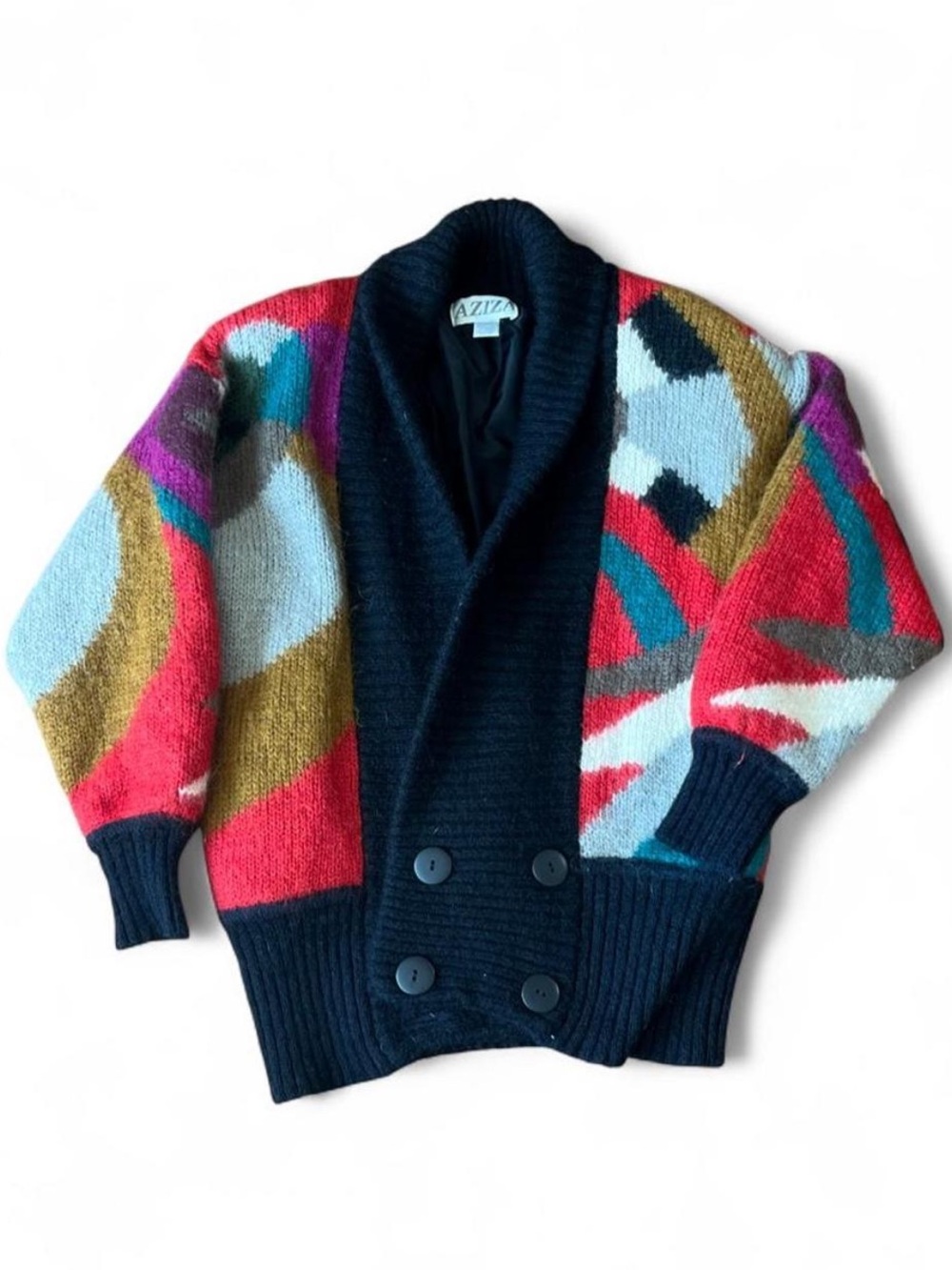 AZIZA Vintage Multicolor Geometric Shawl Collar Cardigan